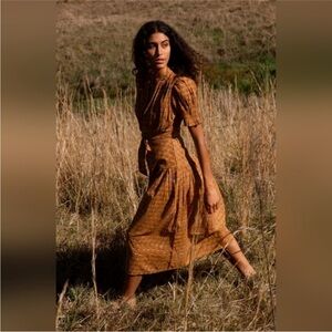 Daughters of India Brown Smocked Puff Sleeve Sundress